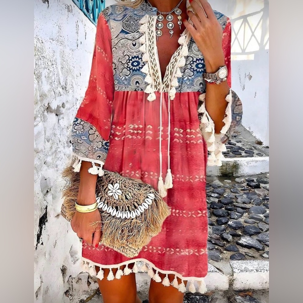 Bohemian coral and Blue Patterned Dress with tassels